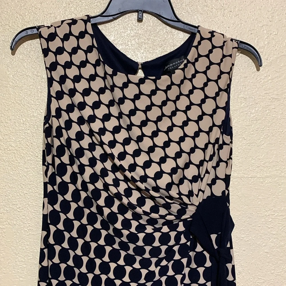 Connected Apparel Dress 8 Stretchy Tan Black Navy Pull Over Ruched Dots - Picture 4 of 16